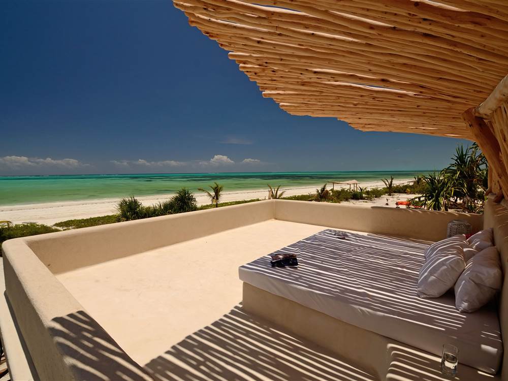 Zanzibar White Sands sunbeds overlooking beach